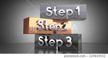 Step 1, 2 and 3 - words on metal blocks - 3D illustration Step 1, 2 and 3 - words on metal blocks - 3D illustration 123919532