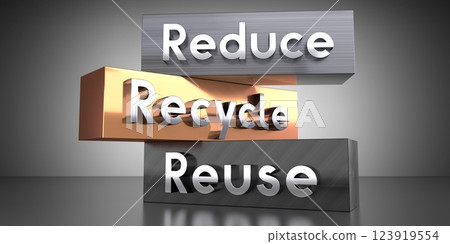 Reduce, recycle, reuse - words on metal blocks - 3D illustration 123919554