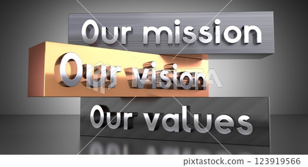 Our mission, vision, values - words on metal blocks - 3D illustration Our mission, vision, values - words on metal blocks - 3D illustration 123919566