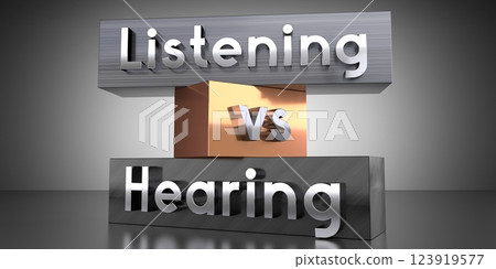 Listening vs hearing - words on metal blocks - 3D illustration Listening vs hearing - words on metal blocks - 3D illustration 123919577