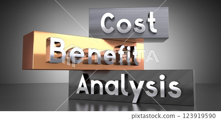 Cost, benefit, analysis - words on metal blocks - 3D illustration Cost, benefit, analysis - words on metal blocks - 3D illustration 123919590