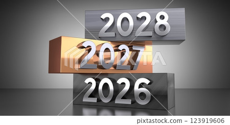 2028, 2027, 2026 - words on metal blocks - 3D illustration 2028, 2027, 2026 - words on metal blocks - 3D illustration 123919606