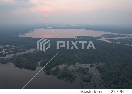 Aerial view of lush rainforest and tranquil waters during sunset 123919654