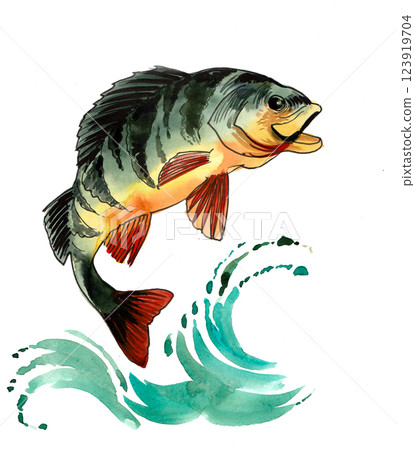 Jumping fish. Hand drawn watercolour illustration Jumping fish. Hand drawn watercolour illustration 123919704