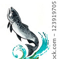 Jumping salmon fish. Hand drawn watercolour illustration 123919705