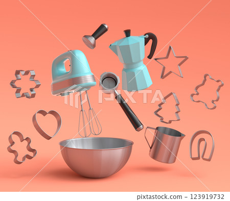 Metal bowl with electric mixer and cookie cutters on orange background 123919732
