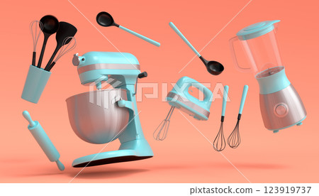 Mixer and bowl with kitchen utensil for preparation of dough on orange 123919737