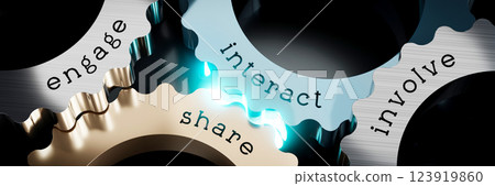 Engage, interact, share, involve - gears concept - 3D illustration Engage, interact, share, involve - gears concept - 3D illustration 123919860