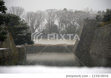 Snow-covered Nijo Castle: Inner moat and Honmaru stone walls, Nakagyo Ward, Kyoto City 123919938