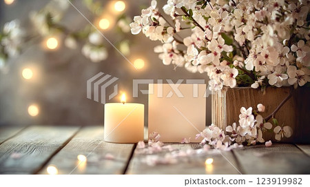 A delicate, spring card with an empty space for your text on a wooden table 123919982
