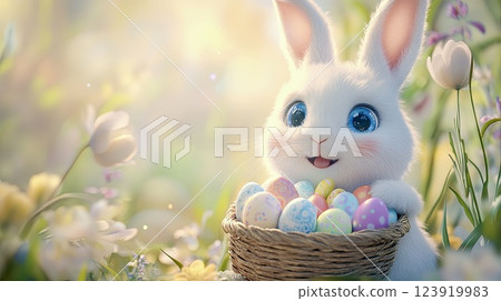 A white rabbit with big blue eyes and a friendly smile. The rabbit is holding a small wicker basket full of Easter eggs.The background is a spring scene with blurred flowers and a gentle bokeh effect 123919983