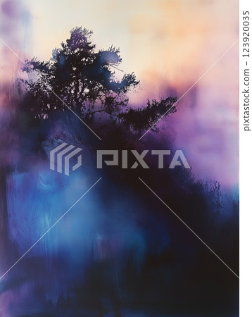 Mysterious woodland at twilight with a glowing veil of colors creating an ethereal atmosphere 123920035