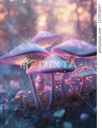 Pastel colored mushrooms sprouting in a mystical forest at twilight with soft glowing lights 123920047