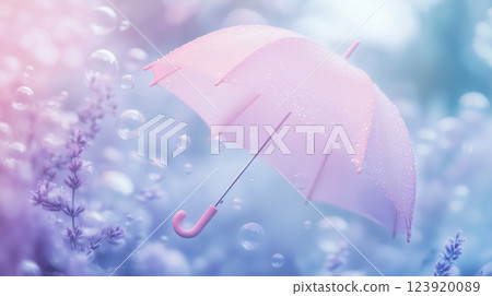 Pastel-colored umbrella gently opening among bubbles and lavender flowers during a serene afternoon 123920089