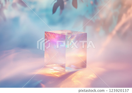 Translucent pastel prism resting on soft surface reflecting light in vibrant hues during serene atmosphere 123920137
