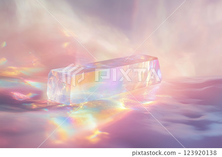 Translucent pastel prism resting on a soft surface reflecting a spectrum of colors in gentle light 123920138