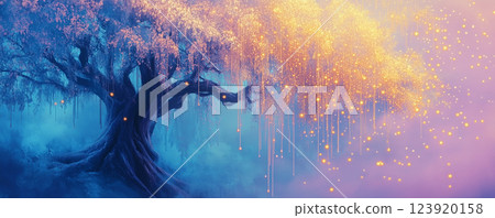 Enormous glowing celestial sugar drip trees illuminated by soft pastel colors in an enchanted landscape during twilight Enormous glowing celestial sugar drip trees illuminated by soft pastel colors in an enchanted landscape during twilight 123920158