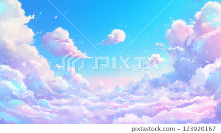 Soft pastel hues fill the sky while fluffy clouds drift gently above a serene horizon at dusk 123920167