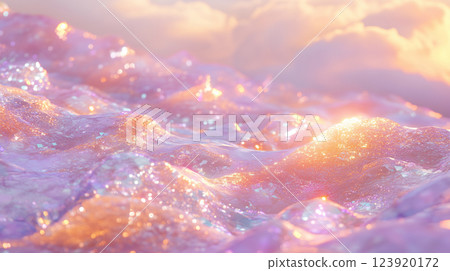 Surreal mist of crystallized candy fog envelops a dreamy landscape at twilight 123920172