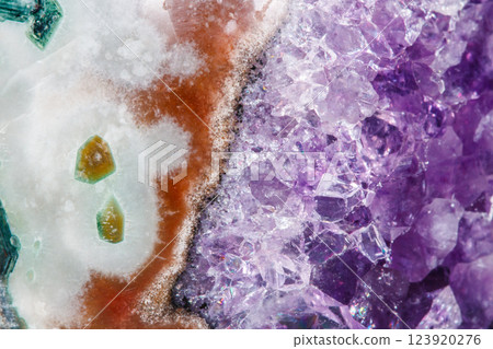 Amethyst Crystal Druse macro mineral on white background Amethyst Crystal Druse macro mineral on white background 123920276