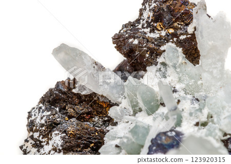Macro mineral stone Drusus quartz with sphalerite in the rock a white background Macro mineral stone Drusus quartz with sphalerite in the rock a white background 123920315