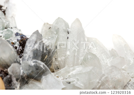 Macro mineral stone Drusus quartz with sphalerite in the rock a white background 123920316