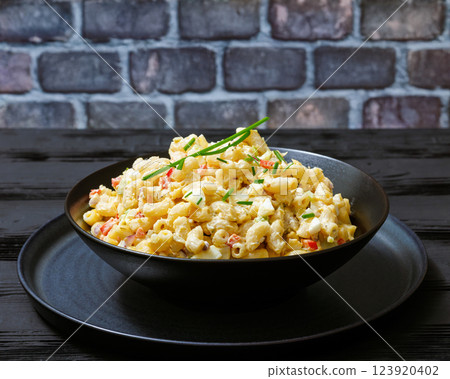 macaroni salad with celery, eggs, red bell pepper macaroni salad with celery, eggs, red bell pepper 123920402