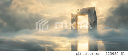 Levitating Marble Arch creates an ethereal atmosphere in the serene landscape at dawn 123920461
