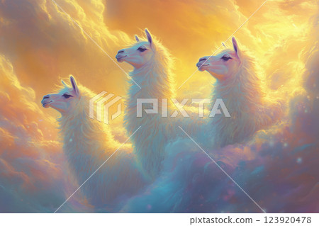 Luminous llama clouds create a dreamy pastel landscape filled with fluffy creatures at sunset 123920478