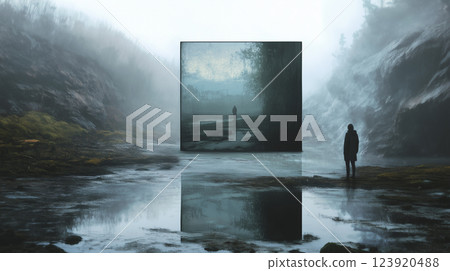 Giant floating pane creates a mysterious reflection in a misty river landscape during dusk hours 123920488