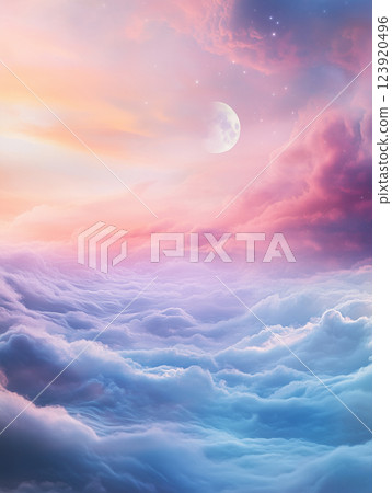 Soft peach-toned sky with moon and fluffy clouds illuminated by moonlight at twilight 123920496