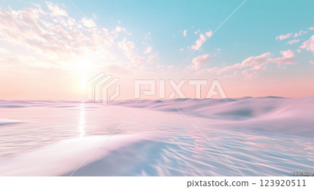 Tranquil expanse of pale hues under a serene sky at sunrise over calm water 123920511