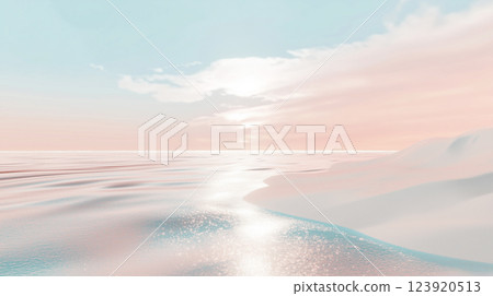 Pale hues blend in a tranquil seascape at sunset showcasing a serene horizon and gentle waves 123920513