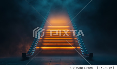 Stunning metallic staircase illuminated with warm lights amidst a foggy atmosphere at nighttime Stunning metallic staircase illuminated with warm lights amidst a foggy atmosphere at nighttime 123920561