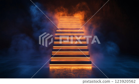 Sleek metallic stairs illuminated by warm light amidst swirling fog in an atmospheric setting at dusk Sleek metallic stairs illuminated by warm light amidst swirling fog in an atmospheric setting at dusk 123920562