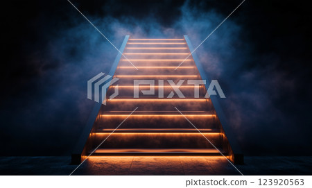 Sleek metallic staircase illuminated by warm lights ascending through a mysterious fog in a dimly lit space Sleek metallic staircase illuminated by warm lights ascending through a mysterious fog in a dimly lit space 123920563