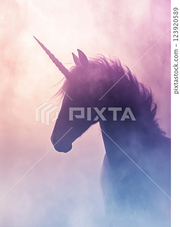 Unicorn silhouette glowing softly amidst a colorful mist in an enchanting fantasy landscape 123920589