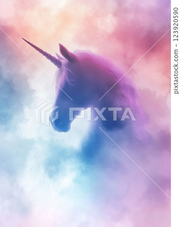 Soft silhouette of a unicorn glows against a pastel cloud background during twilight 123920590