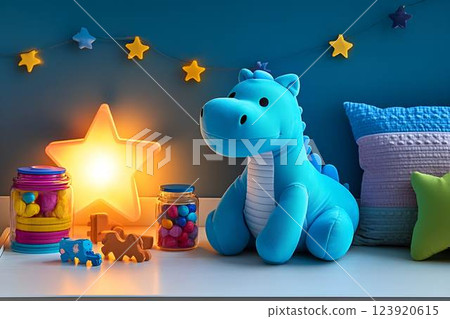A cozy children's room with a plush blue dinosaur, glowing star-shaped lamp, and colorful toys 123920615