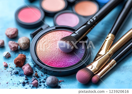 A creative and artistic makeup setup featuring a gradient blush compact, brushes, and scattered pigments on a surface A creative and artistic makeup setup featuring a gradient blush compact, brushes, and scattered pigments on a surface 123920616