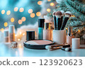 Christmas-themed makeup arrangement with brushes and cosmetics 123920623