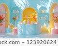 Pastel-themed beauty and skincare store display 123920624