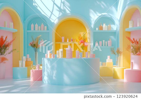 Pastel-themed beauty and skincare store display 123920624