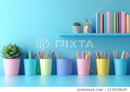 A creative and organized workspace with pastel-colored pen holders, books, and decorative elements A creative and organized workspace with pastel-colored pen holders, books, and decorative elements 123920626