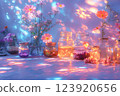 Magical glowing jars with flowers in dreamy light 123920656