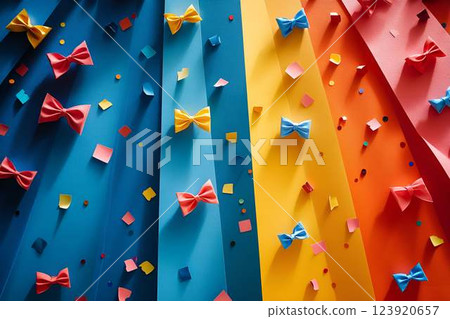 Colorful paper bows and confetti on a vibrant background Colorful paper bows and confetti on a vibrant background 123920657