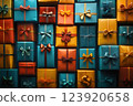 Beautifully wrapped gift boxes with vibrant bows 123920658