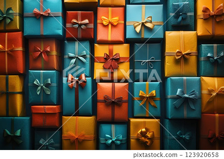 Beautifully wrapped gift boxes with vibrant bows Beautifully wrapped gift boxes with vibrant bows 123920658
