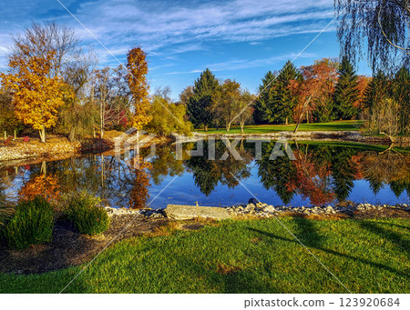 Small Pond Surrounded by Trees with Autumn Color Small Pond Surrounded by Trees with Autumn Color 123920684