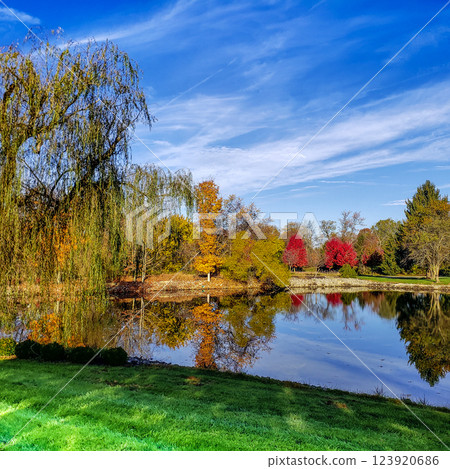Small Pond Surrounded by Trees with Autumn Color Small Pond Surrounded by Trees with Autumn Color 123920686